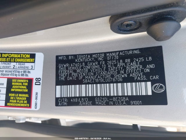 Aukcja sprzedaży 2020 Lexus Es 350 Luxury, vin: 58AEZ1B19LU078706, numer aukcji: 44878761