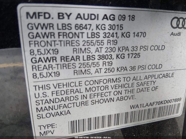 2019 Audi Q7 55 Premium მანქანა იყიდება აუქციონზე, vin: WA1LAAF70KD007699, აუქციონის ნომერი: 44878766