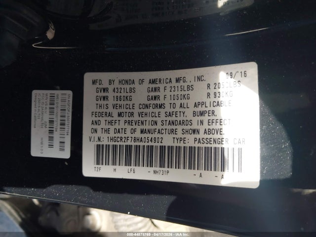 Honda ACCORD EX 2017 1HGCR2F78HA054902 Image 9