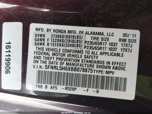 Aukcja sprzedaży 2011 Honda Odyssey Ex-l, vin: 5FNRL5H6XBB078875, numer aukcji: 44878777