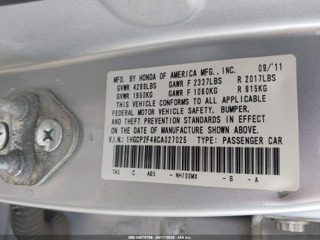 44878786 :رقم المزاد ، 1HGCP2F48CA027025 vin ، 2012 Honda Accord 2.4 Lx-p مزاد بيع