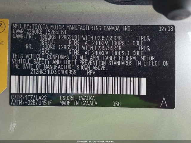 44878787 :رقم المزاد ، 2T2HK31UX9C100959 vin ، 2009 Lexus Rx 350 مزاد بيع