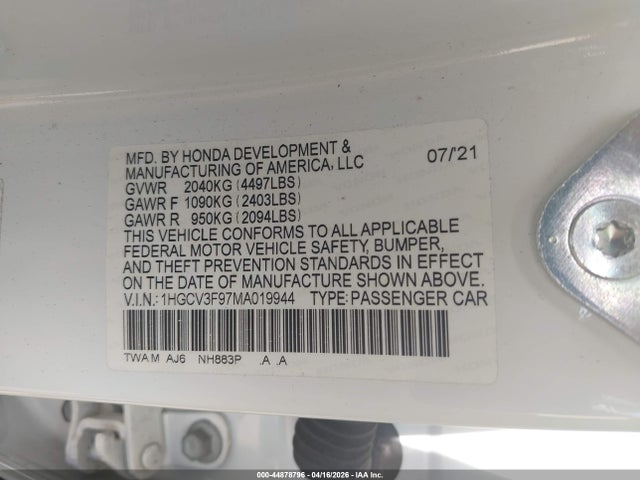 Продажа на аукционе авто 2021 Honda Accord Hybrid Touring, vin: 1HGCV3F97MA019944, номер лота: 44878796