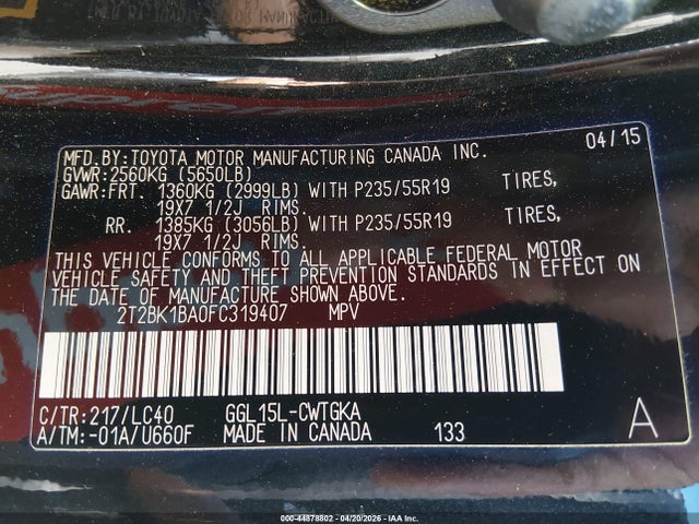 44878802 :رقم المزاد ، 2T2BK1BA0FC319407 vin ، 2015 Lexus Rx 350 مزاد بيع