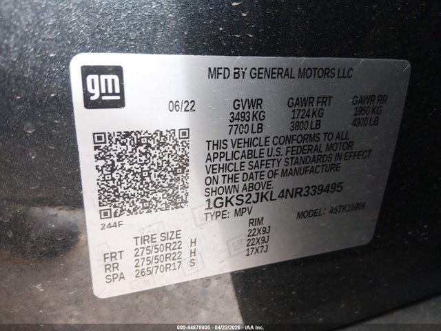 2022 Gmc Yukon Xl 4wd Denali მანქანა იყიდება აუქციონზე, vin: 1GKS2JKL4NR339495, აუქციონის ნომერი: 44878805