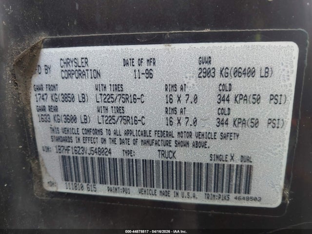 44878817 :رقم المزاد ، 1B7HF16Z3VJ548024 vin ، 1997 Dodge Ram 1500 Lt مزاد بيع