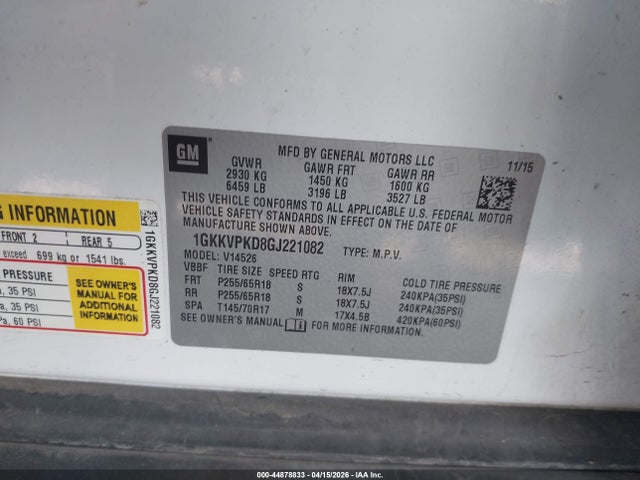 Продажа на аукционе авто 2016 Gmc Acadia Sle-2, vin: 1GKKVPKD8GJ221082, номер лота: 44878833