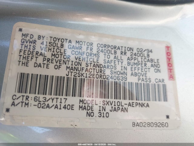 1994 TOYOTA CAMRY JT2SK12E0R0240639 Photo 8