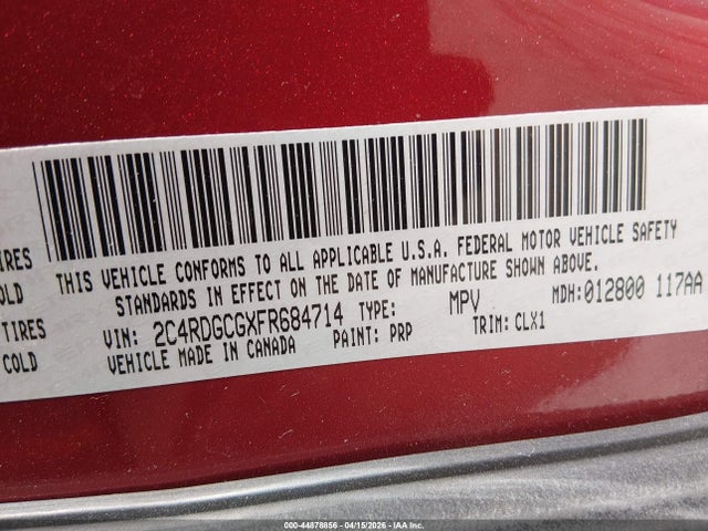 44878856 :رقم المزاد ، 2C4RDGCGXFR684714 vin ، 2015 Dodge Grand Caravan Sxt Plus مزاد بيع