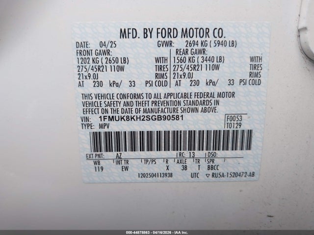 2025 Ford Explorer St-line მანქანა იყიდება აუქციონზე, vin: 1FMUK8KH2SGB90581, აუქციონის ნომერი: 44878863
