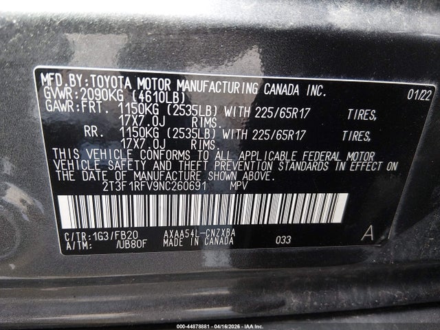 Aukcja sprzedaży 2022 Toyota Rav4 Le, vin: 2T3F1RFV9NC260691, numer aukcji: 44878881