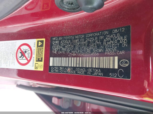 Aukcja sprzedaży 2013 Lexus Es 350, vin: JTHBK1GGXD2014556, numer aukcji: 44878899