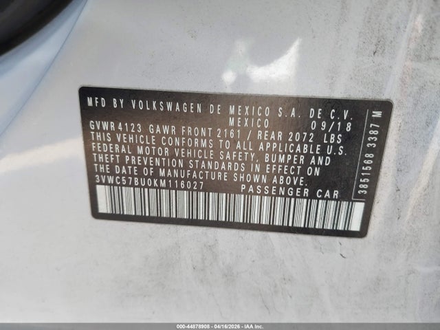 44878908 :رقم المزاد ، 3VWC57BU0KM116027 vin ، 2019 Volkswagen Jetta 1.4t R-line/1.4t S/1.4t Se مزاد بيع