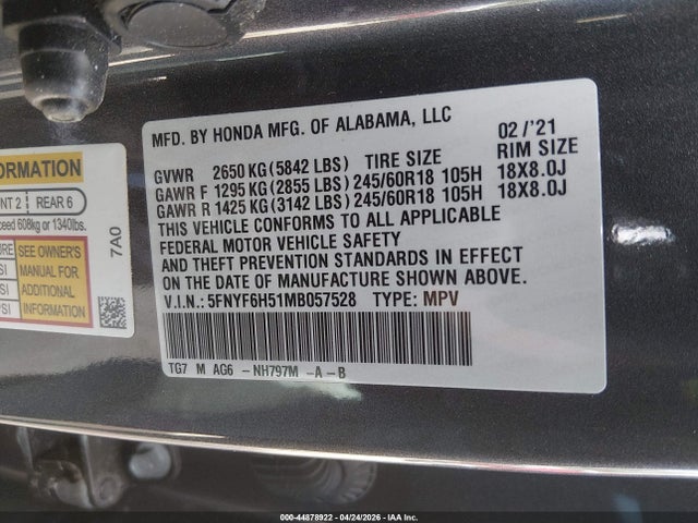 44878922 :رقم المزاد ، 5FNYF6H51MB057528 vin ، 2021 Honda Pilot Awd Ex-l مزاد بيع