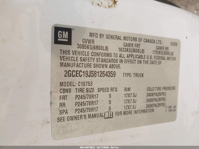 2008 Chevrolet Silverado 1500 Lt1 მანქანა იყიდება აუქციონზე, vin: 2GCEC19J581264359, აუქციონის ნომერი: 44878923