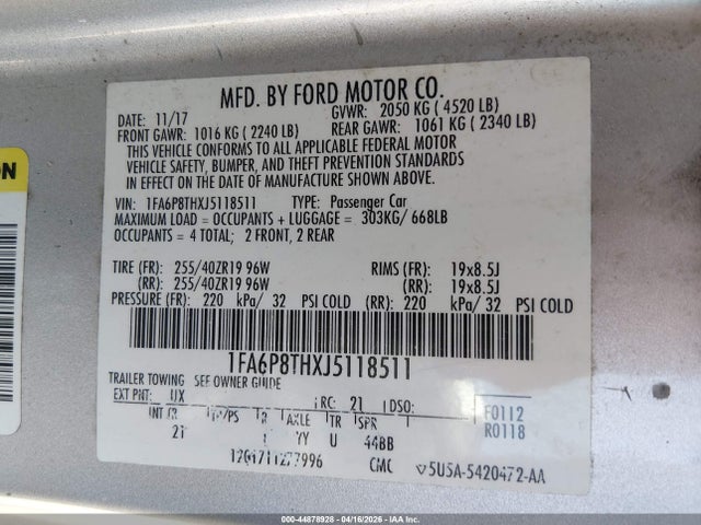 Продаж на аукціоні авто 2018 Ford Mustang Ecoboost, vin: 1FA6P8THXJ5118511, номер лоту: 44878928