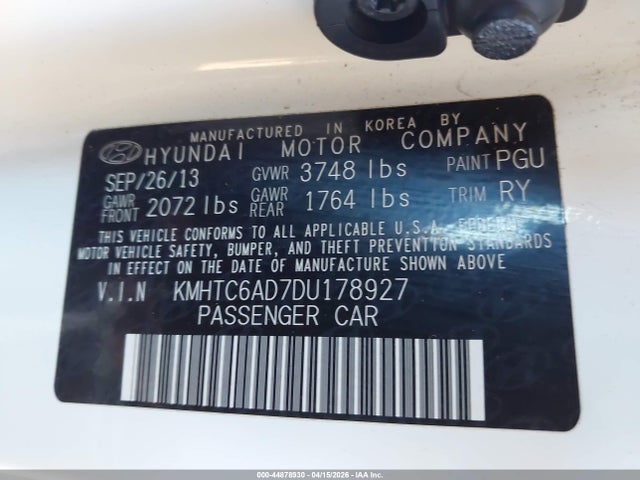 Auction sale of the 2013 Hyundai Veloster, vin: KMHTC6AD7DU178927, lot number: 44878930
