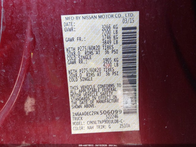 Aukcja sprzedaży 2015 Nissan Titan Sv, vin: 1N6AA0EC2FN506099, numer aukcji: 44878933