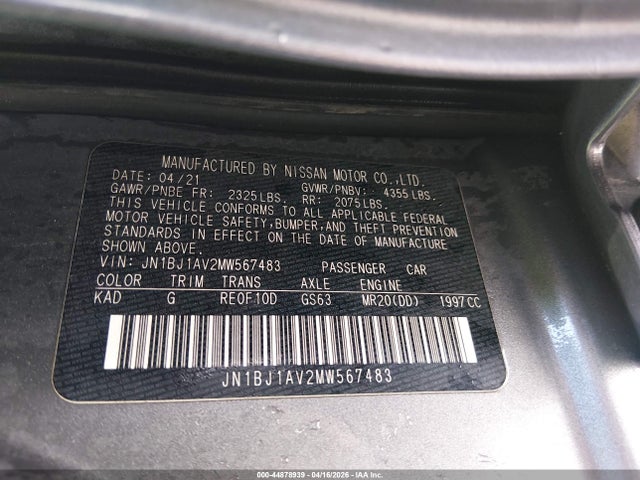 2021 Nissan Rogue Sport S Fwd Xtronic Cvt მანქანა იყიდება აუქციონზე, vin: JN1BJ1AV2MW567483, აუქციონის ნომერი: 44878939