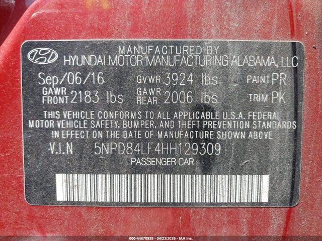 44878938 :رقم المزاد ، 5NPD84LF4HH129309 vin ، 2017 Hyundai Elantra Se مزاد بيع