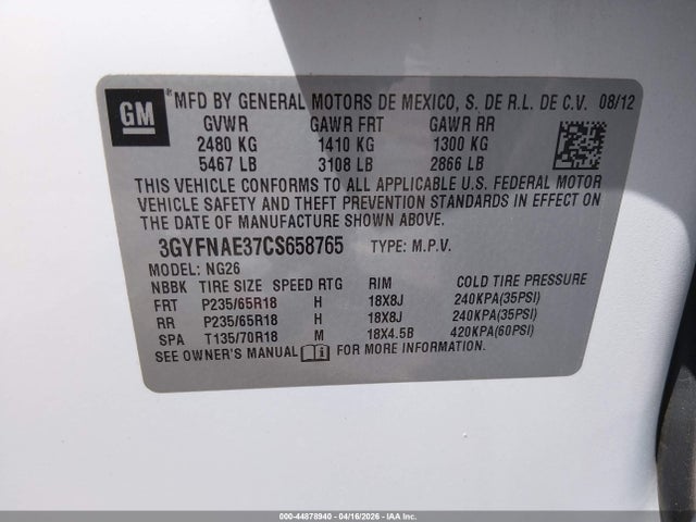 Aukcja sprzedaży 2012 Cadillac Srx Luxury Collection, vin: 3GYFNAE37CS658765, numer aukcji: 44878940