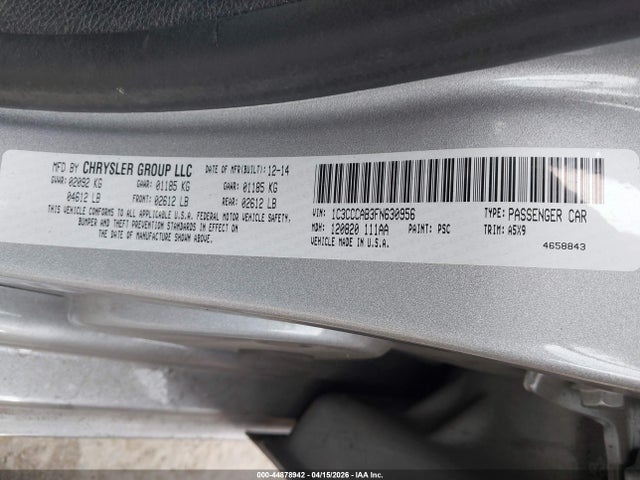 2015 Chrysler 200 Limited მანქანა იყიდება აუქციონზე, vin: 1C3CCCAB3FN630956, აუქციონის ნომერი: 44878942