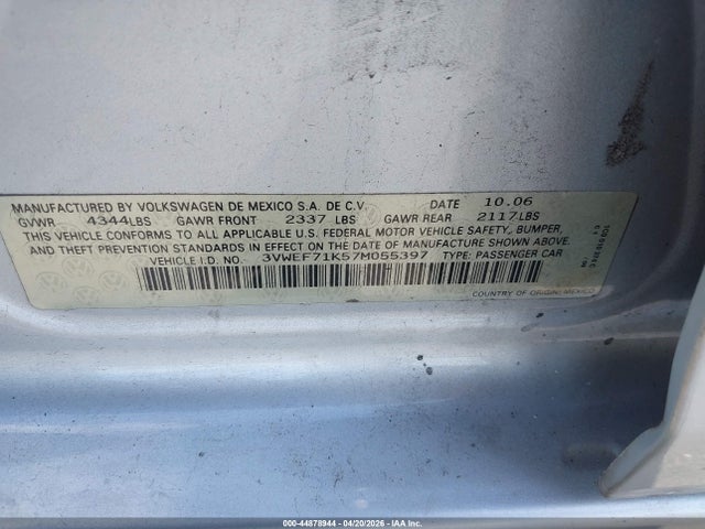 Aukcja sprzedaży 2007 Volkswagen Jetta Wolfsburg Edition, vin: 3VWEF71K57M055397, numer aukcji: 44878944