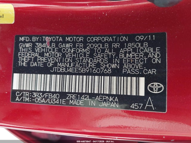 44878947 :رقم المزاد ، JTDBU4EE5B9160768 vin ، 2011 Toyota Corolla Le مزاد بيع
