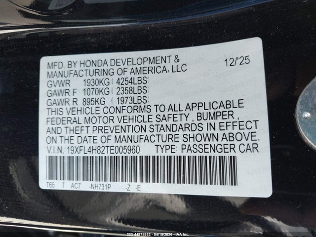 Aukcja sprzedaży 2026 Honda Civic Hybrid Sport, vin: 19XFL4H82TE005960, numer aukcji: 44878952