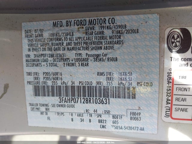 Продажа на аукционе авто 2008 Ford Fusion Se, vin: 3FAHP07128R103631, номер лота: 44878955