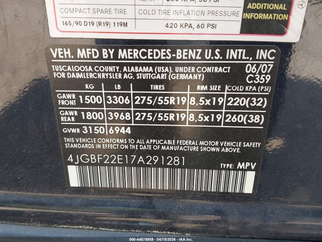 2007 Mercedes-benz Gl 320 Cdi 4matic მანქანა იყიდება აუქციონზე, vin: 4JGBF22E17A291281, აუქციონის ნომერი: 44878959