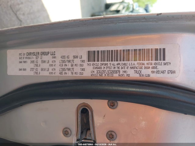 2012 Ram 2500 Laramie მანქანა იყიდება აუქციონზე, vin: 3C6UD5FL5CG265878, აუქციონის ნომერი: 44878964