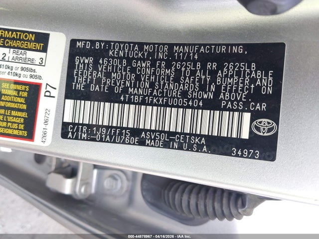 44878967 :رقم المزاد ، 4T1BF1FKXFU005404 vin ، 2015 Toyota Camry Se مزاد بيع
