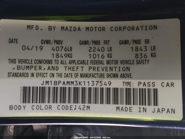 2019 Mazda Mazda3 Preferred Package მანქანა იყიდება აუქციონზე, vin: JM1BPAMM3K1137549, აუქციონის ნომერი: 44878992