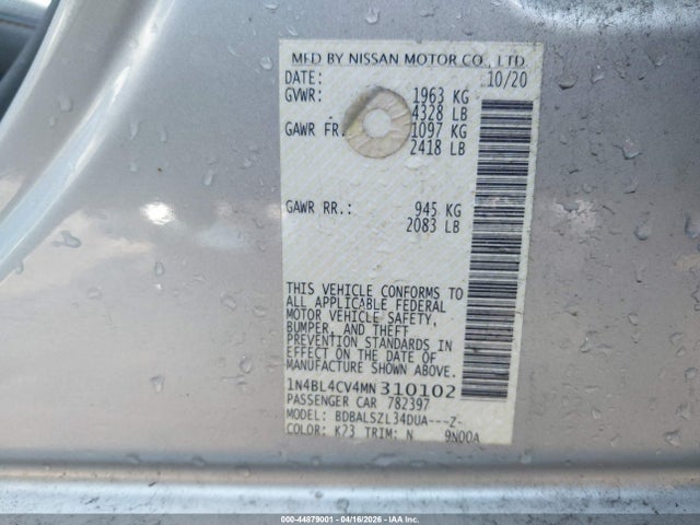 Aukcja sprzedaży 2021 Nissan Altima Sr Fwd, vin: 1N4BL4CV4MN310102, numer aukcji: 44879001