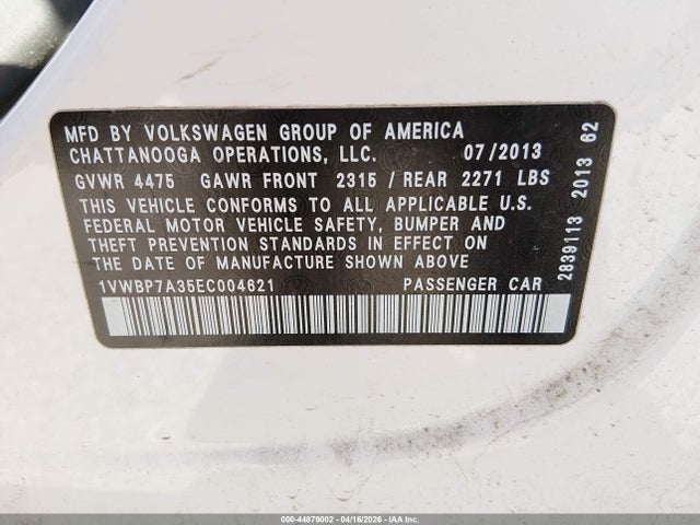 Aukcja sprzedaży 2014 Volkswagen Passat 2.5l Se, vin: 1VWBP7A35EC004621, numer aukcji: 44879002