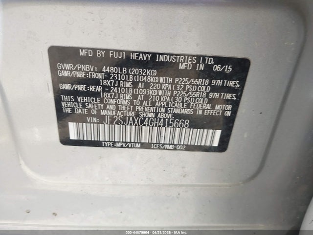44879004 :رقم المزاد ، JF2SJAXC4GH415668 vin ، 2016 Subaru Forester 2.5i Touring مزاد بيع