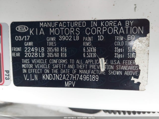 44879013 :رقم المزاد ، KNDJN2A27H7496189 vin ، 2017 Kia Soul مزاد بيع