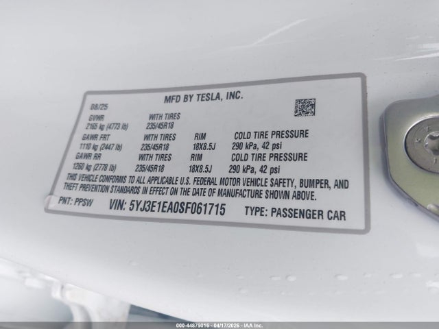Продаж на аукціоні авто 2025 Tesla Model 3 Long Range Rear-wheel Drive/standard Rear-wheel Drive, vin: 5YJ3E1EA0SF061715, номер лоту: 44879016