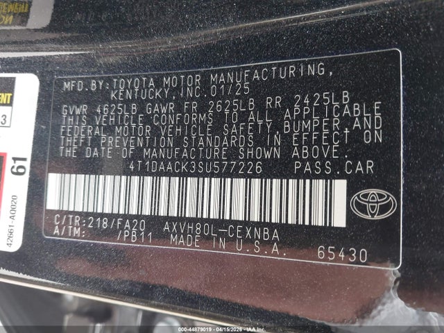 Aukcja sprzedaży 2025 Toyota Camry Le, vin: 4T1DAACK3SU577226, numer aukcji: 44879019