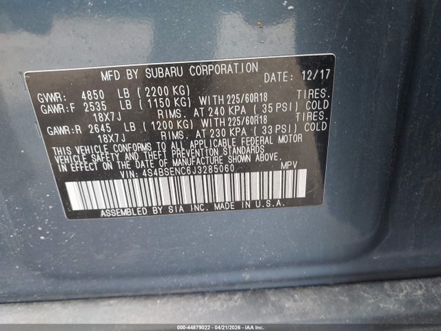 2018 Subaru Outback 3.6r Limited მანქანა იყიდება აუქციონზე, vin: 4S4BSENC6J3285060, აუქციონის ნომერი: 44879022
