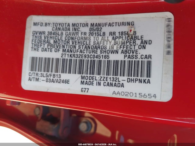 Aukcja sprzedaży 2003 Toyota Matrix Xr, vin: 2T1KR32E93C045165, numer aukcji: 44879024