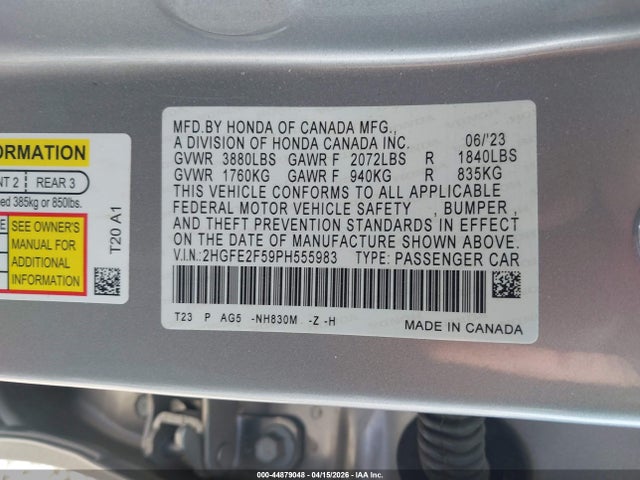Продаж на аукціоні авто 2023 Honda Civic Sport, vin: 2HGFE2F59PH555983, номер лоту: 44879048