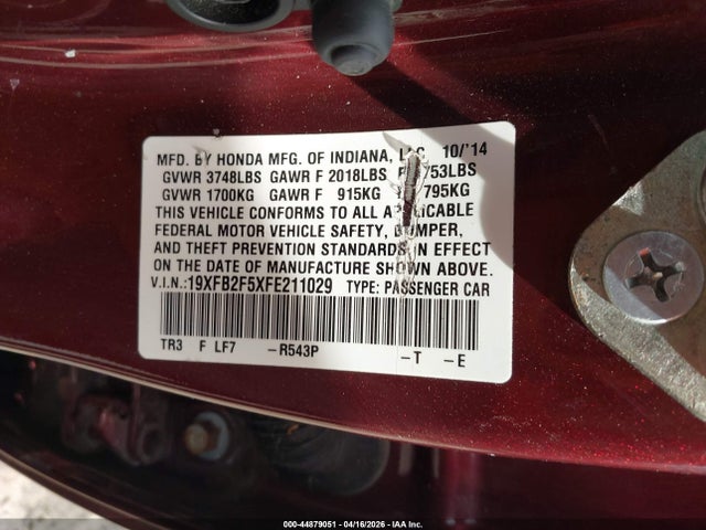 44879051 :رقم المزاد ، 19XFB2F5XFE211029 vin ، 2015 Honda Civic Lx مزاد بيع