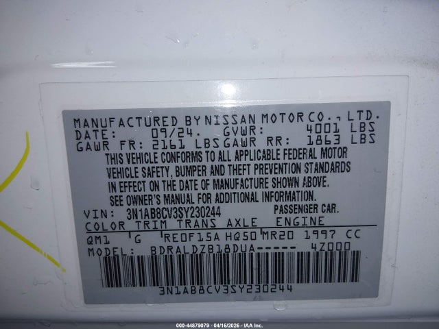 2025 Nissan Sentra Sv მანქანა იყიდება აუქციონზე, vin: 3N1AB8CV3SY230244, აუქციონის ნომერი: 44879079