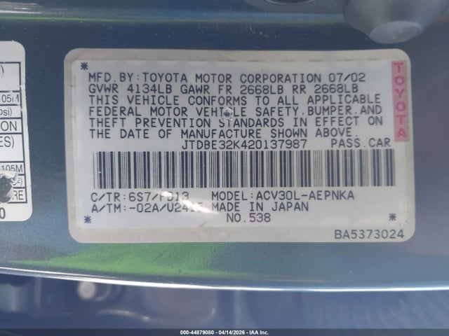 44879080 :رقم المزاد ، JTDBE32K420137987 vin ، 2002 Toyota Camry Le مزاد بيع