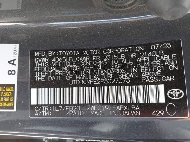 44879084 :رقم المزاد ، JTDBCMFE2P3027073 vin ، 2023 Toyota Corolla Hybrid Le مزاد بيع
