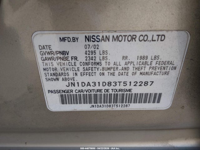 Продаж на аукціоні авто 2003 Nissan Maxima Se, vin: JN1DA31D83T512287, номер лоту: 44879088
