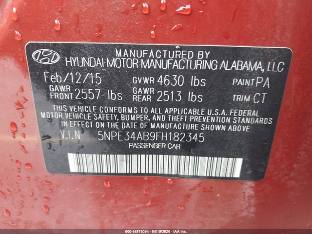 Hyundai Sonata Limited 2.0t 2015 5NPE34AB9FH182345 Image 9