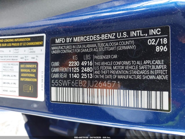 44879108 :رقم المزاد ، 55SWF6EB2JU264571 vin ، 2018 Mercedes-benz Amg C 43 4matic مزاد بيع